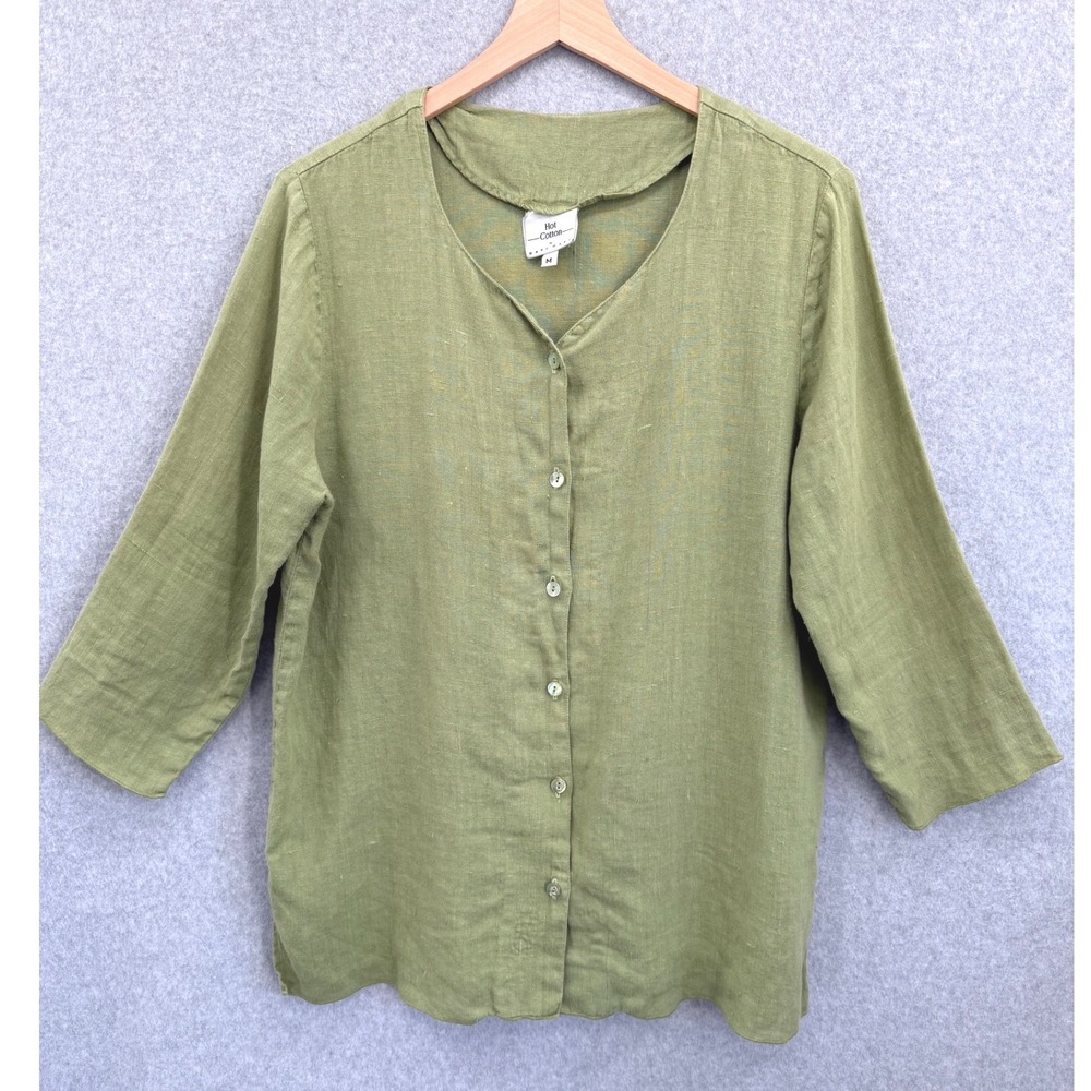 Hot Cotton Tunic Women M Sage  Linen Button Down 3/4 Sleeve Lagenlook Blouse